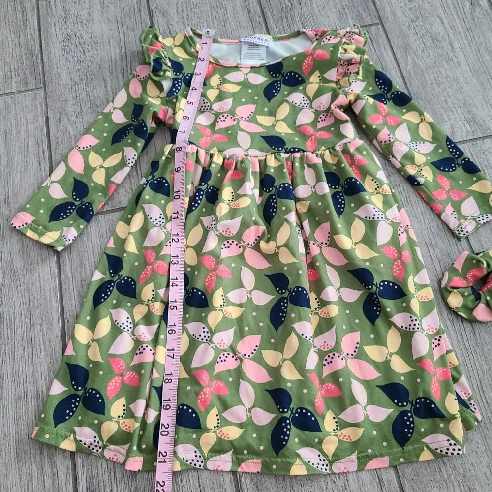 Blueberi Boulevard Green Leaf Print Long Sleeve Dress with Scrunchie Size 4T